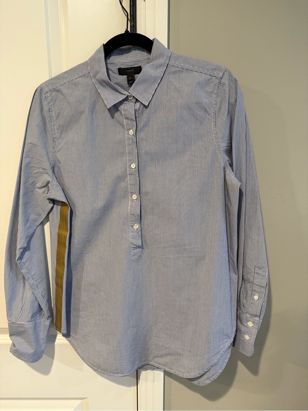 J.Crew Blue White Striped Cotton Popover Shirt Olive Side Stripe Size 8, NWOT